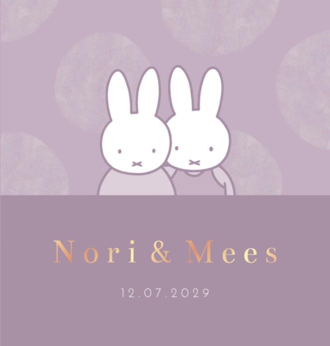 Geboortekaartje tweeling nijntje stippen paars Nori en Mees